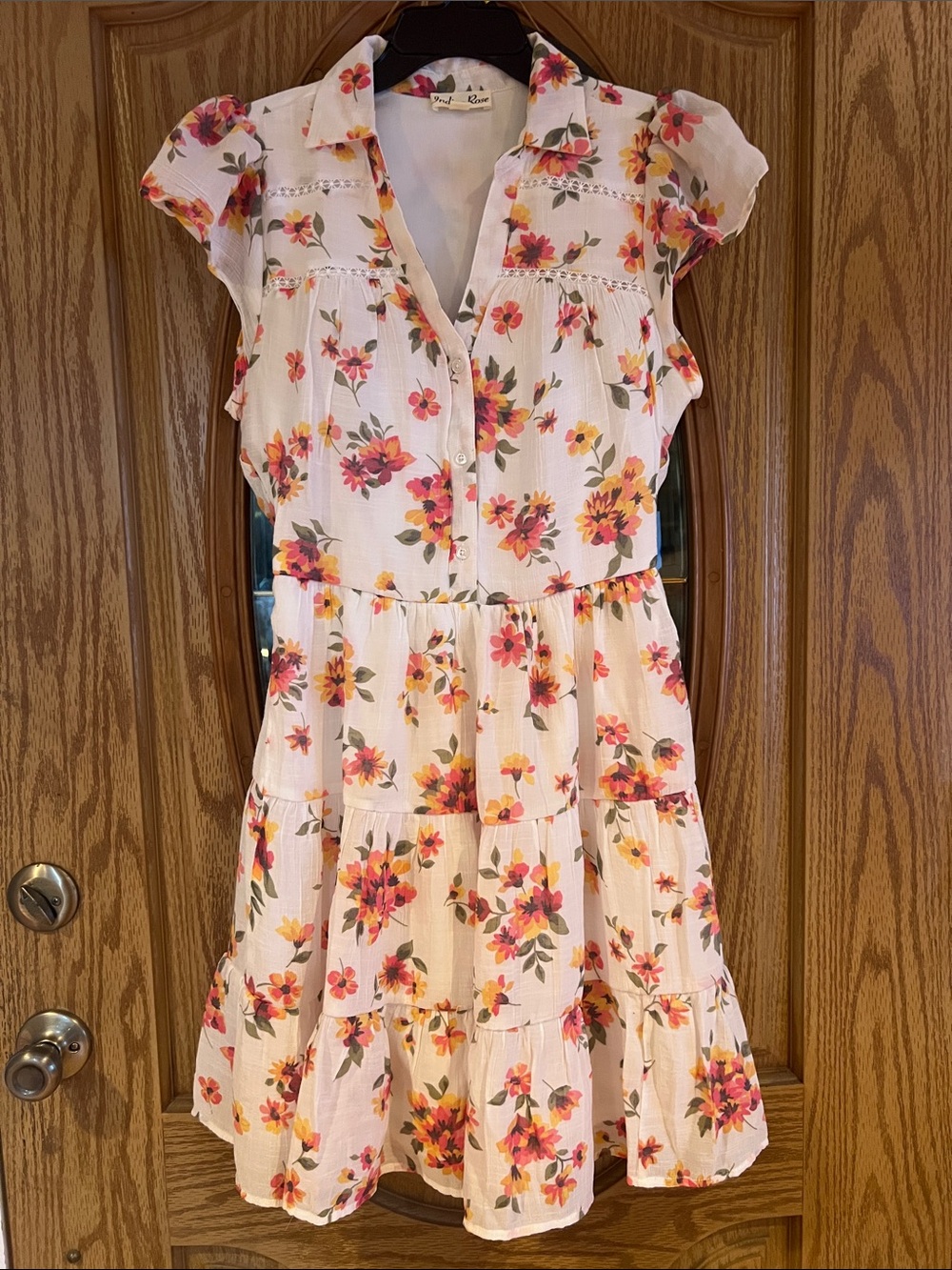 Tiered Floral Midi Dress in White with Pink & Yellow Blooms